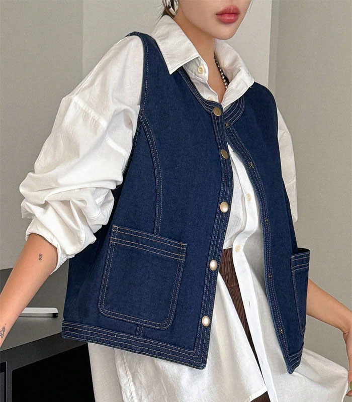 Women's Round Neck Sleeveless Denim Vest, Casual And Fashionable For Everyday Wear