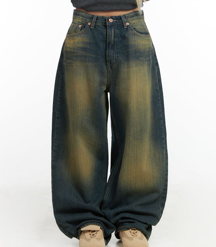Women's Acid Wash Spray Monkey Retro Loose Fit Distressed Jeans - Vintage High Waist Baggy Denim Pants