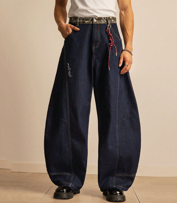 Men's Fashionable Casual Oversized Navy Blue Camouflage Patchwork And Distressed Effect Design Baggy Blue Denim Jeans