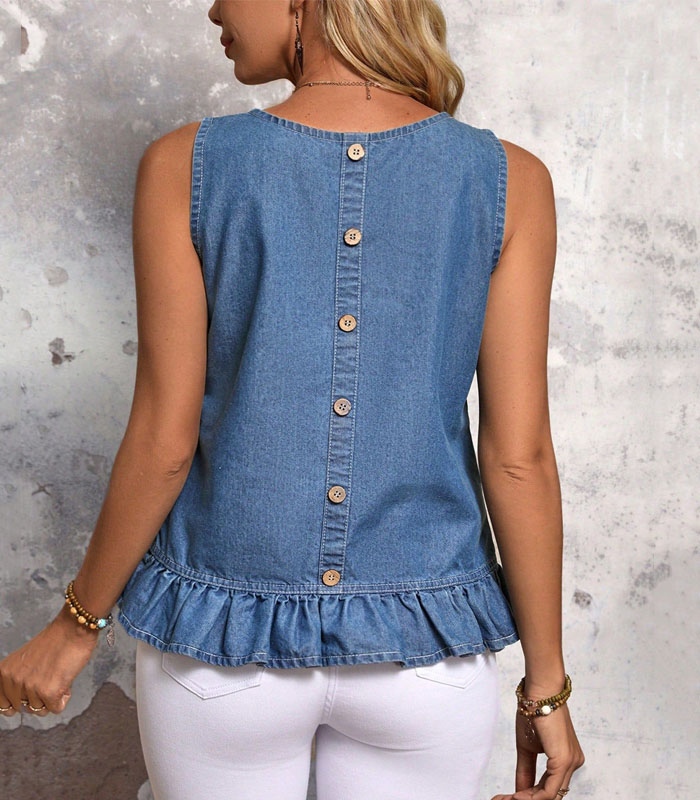 Vacation Casual Sleeveless Denim Top With Back Buttons And Ruffle Hem