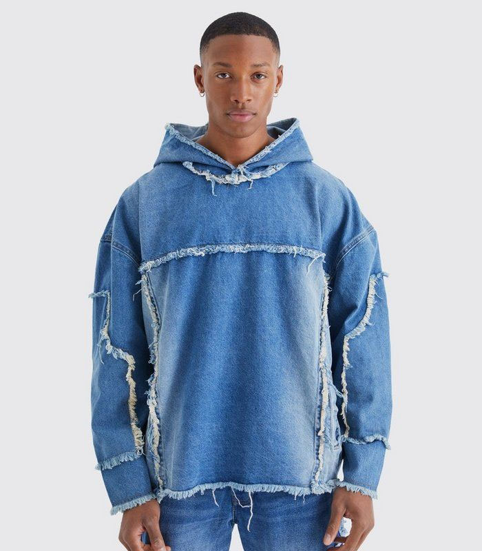 Oversized Patchwork Distressed Light Blue Denim Hooded Jacket Vintage Washed Raw Hem Streetwear Coat