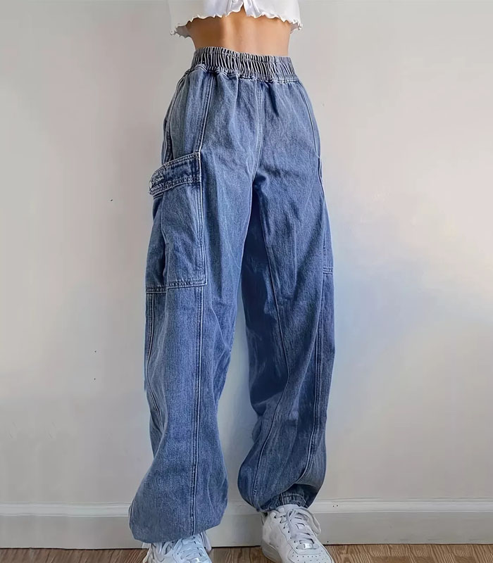 Elastic Waist Casual Straight Jeans, Loose Fit Washed Denim Pants, Women's Denim Jeans
