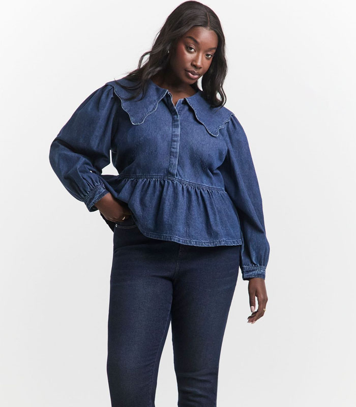 Simply Be Blue Scalloped Collar Denim Blouse 