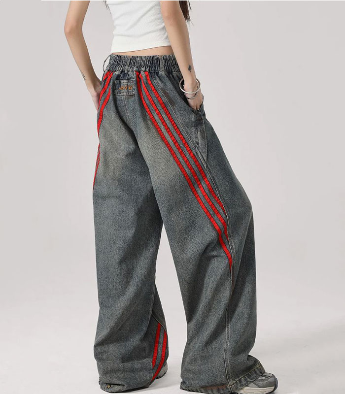 Women's Vintage Washed Boyfriend Jeans Relaxed Wide-Leg Denim Pants with Stripe Detailing