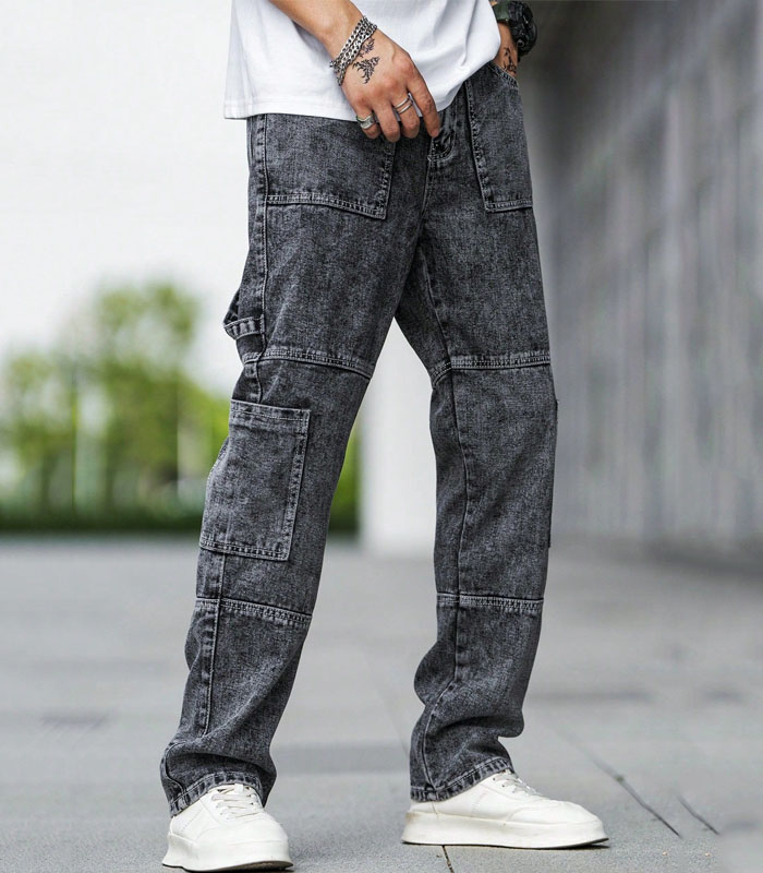 Men's Black-Gray Stir-Fried Snow Washed Workwear Jeans Slim Straight Fit Multi-Pocket Stretch Denim