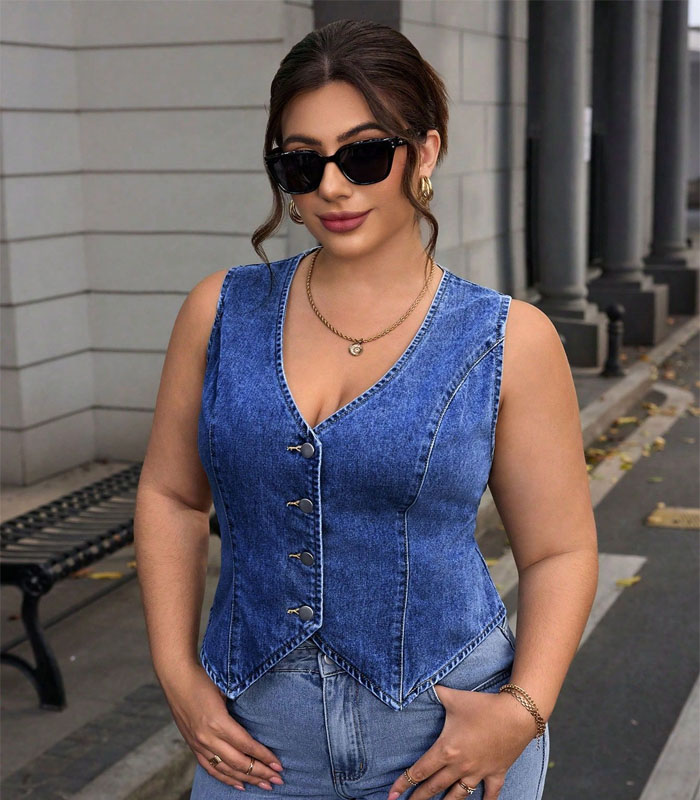 Plus Size Casual Washed Front Button Sleeveless Denim Jacket