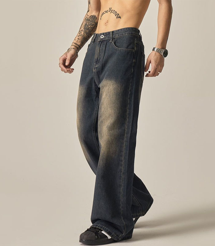 Men's Vintage Washed Spray Monkey Loose Fit Retro Relaxed Casual Jeans - Distressed Denim Pants