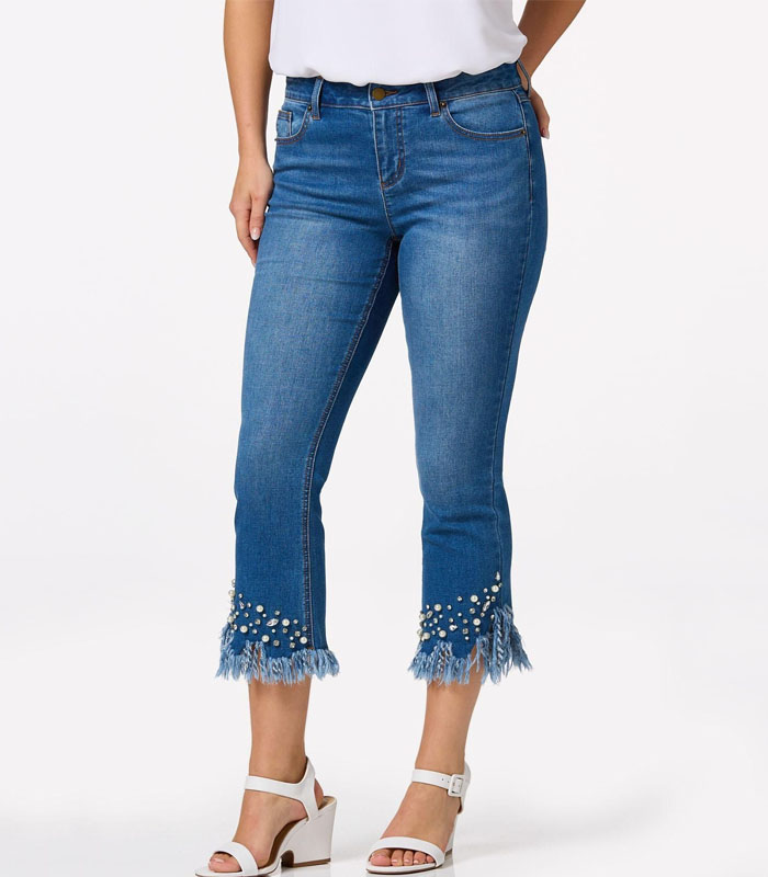 Trendy Low-Waist Skinny Cropped Jeans – Glitter Accents & Torn Hem