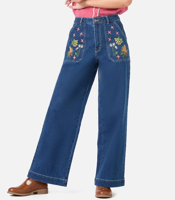 Boho Embroidered Pocket Jeans – Dark Blue Mid-Rise Wide-Leg Denim Pants for Women