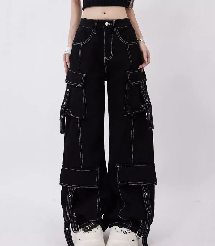 Women’s Black Dopamine Wide-Leg Jeans – Multi-Pocket Line Decor