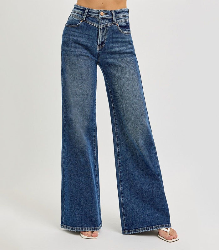 Risen Retro Stitched Wide Leg Jeans-Fashionable Medium Washed Denim Pants