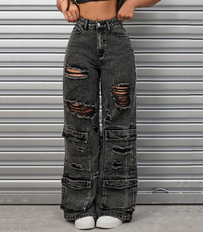 Women's Black Gray High-Waisted Ripped Straight-Leg Cargo Jeans Streetwear Multi-Pocket Denim Pants