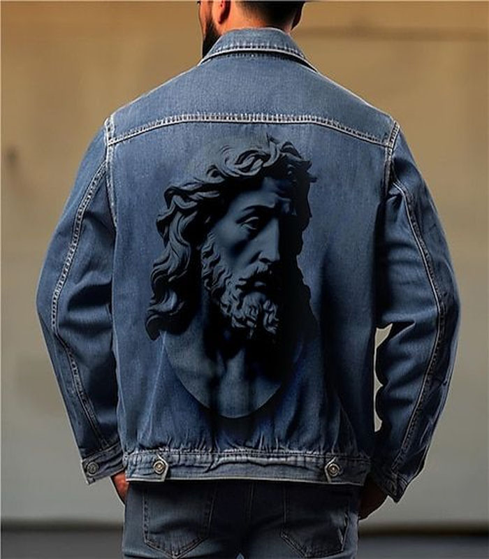 Personalized Printed Dark Blue Men's Denim Jacket -Sculpture Design Casual Streetwear