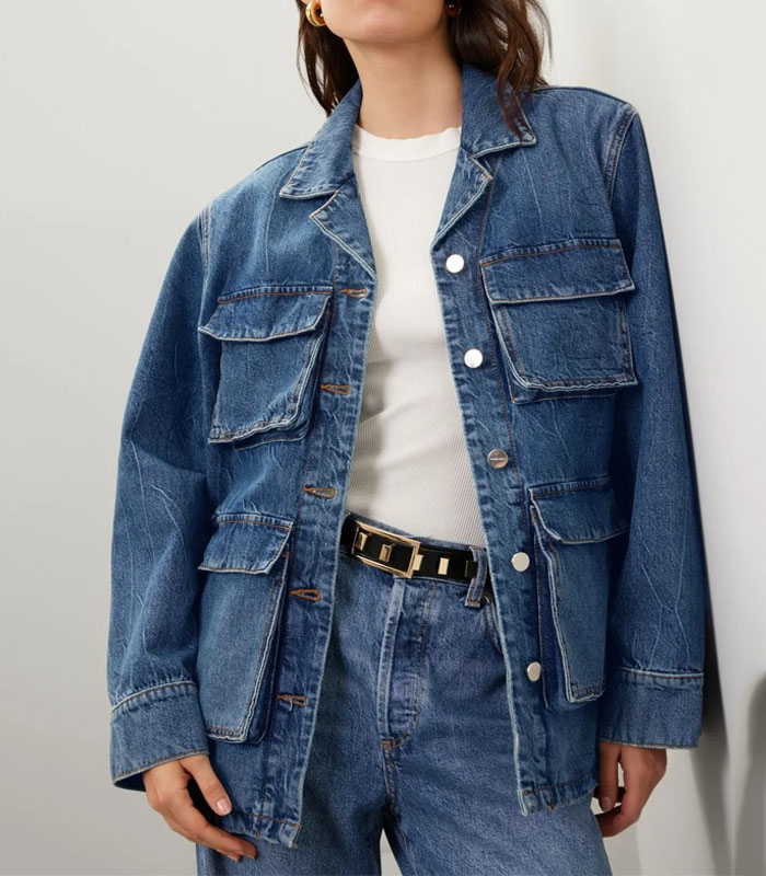 Women's Dark Blue Relaxed Fit Denim Jacket with 3D Pockets Casual Utility Workwear