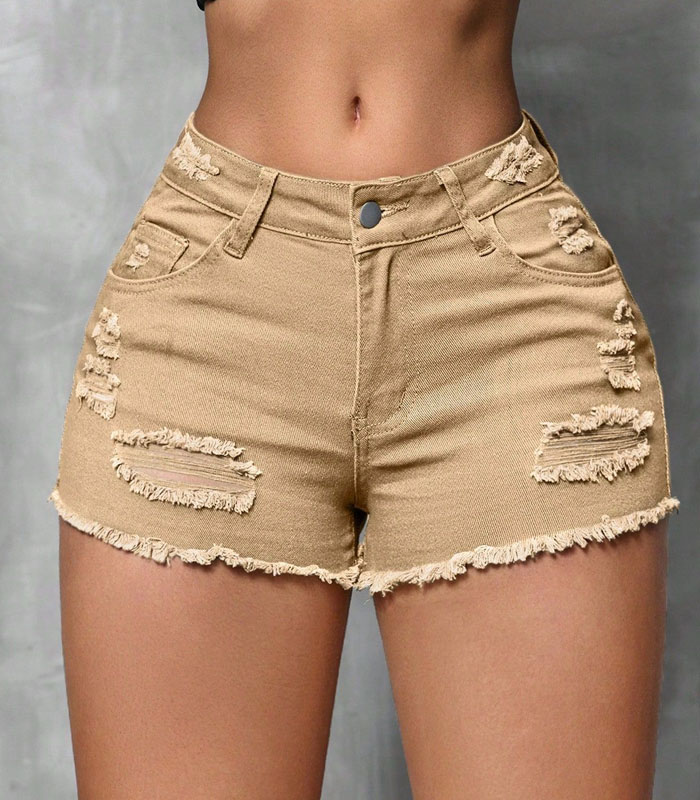 Women's Frayed Hem Casual Denim Shorts With Pockets Apricot Casual Denim