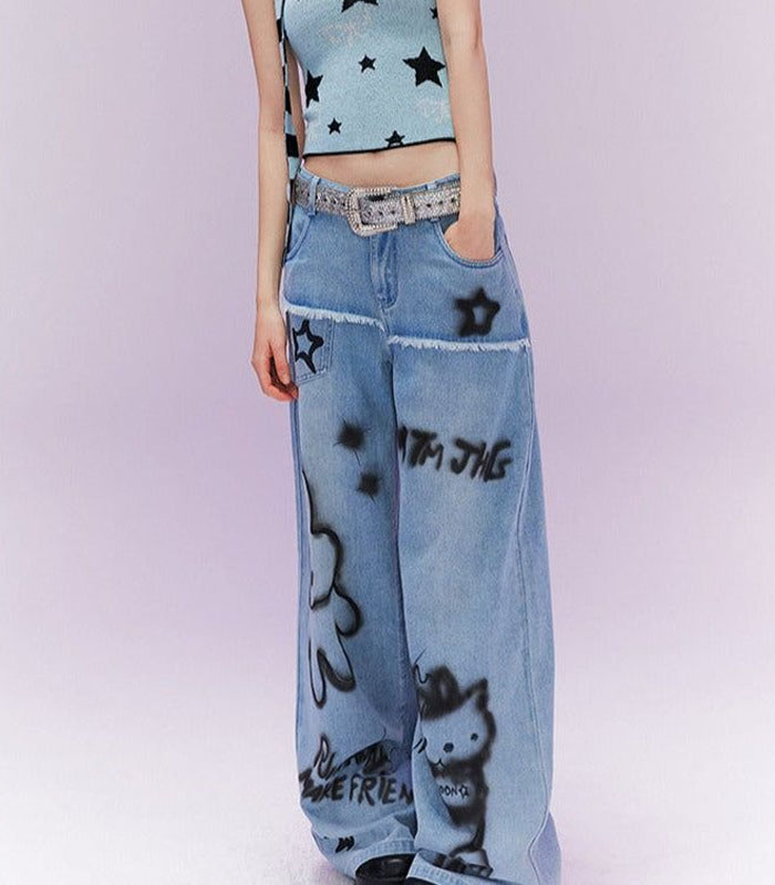 Unique Hand-Sprayed Wide-Leg Jeans for Women – Artistic & Relaxed Fit