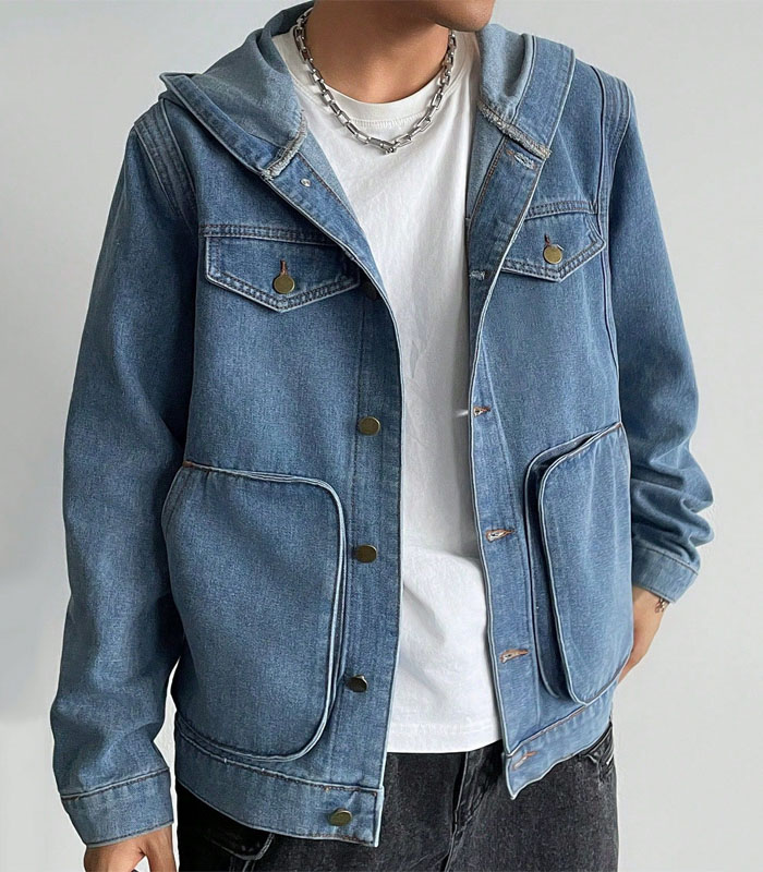 Men's Casual Loose Fit Hooded Denim Jacket - Oversized Pocket Streetwear Coat