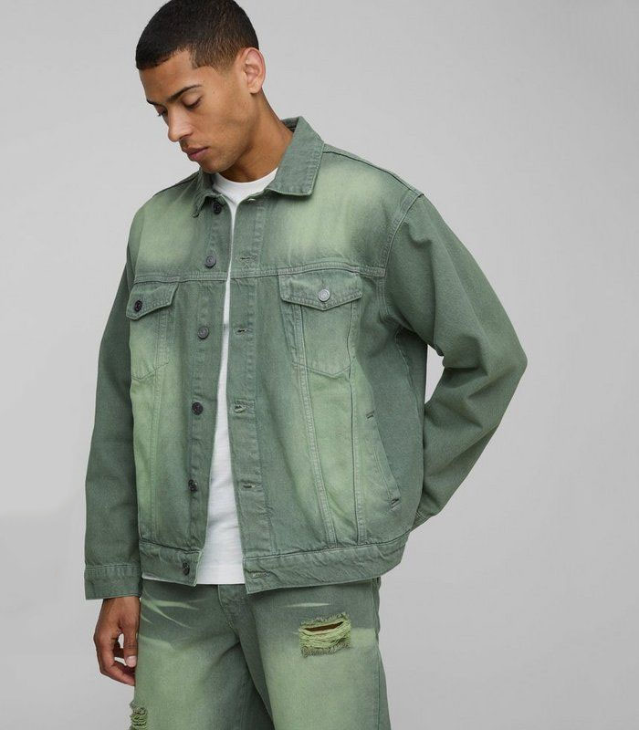 Men's Slim Fit Vintage Green Washed Denim Jacket - Classic Retro LookMen's Slim Fit Vintage Green Washed Denim Jacket - Classic Retro Look