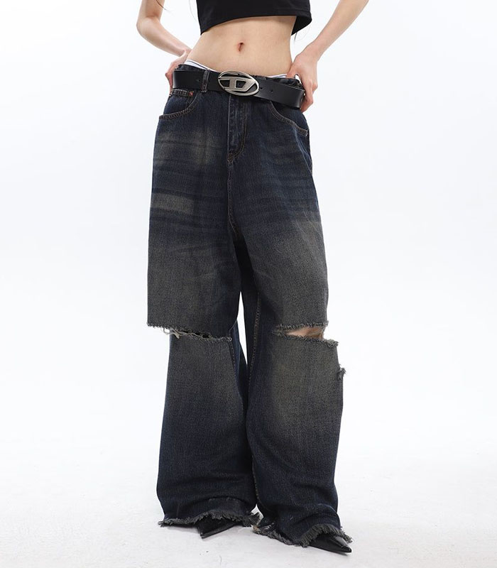 Women Black Ripped Jeans Vintage Washed Wide Leg Pants Straight High Waist Baggy Casual Fashion Denim 