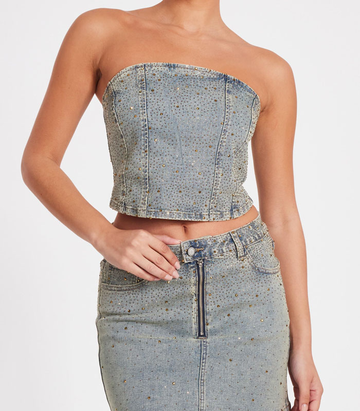 Vintage Wash Denim Bustier Top – Colorful Rhinestone Embroidery, Retro Distressed Style, Fashion Crop Top for Women