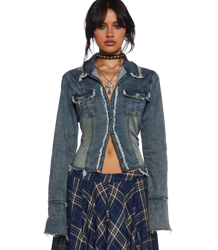 Vintage Washed Stretch Denim Jacket – Slim Fit Long Sleeve Distressed Denim Shirt for Women