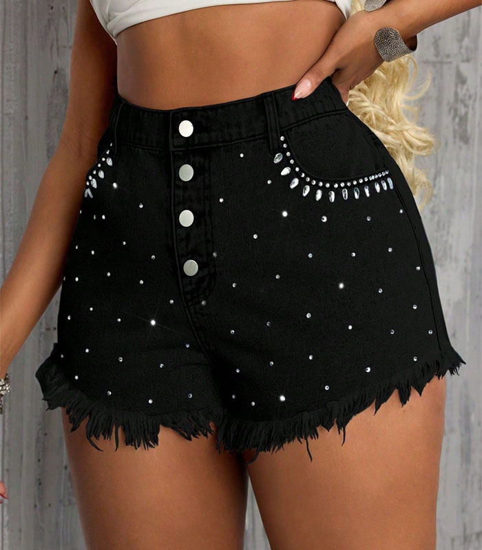 Plus Size Women's Black Denim Shorts, No Stretch, Rhinestone Decoration, Distressed Detail, Suitable For Music Festival
