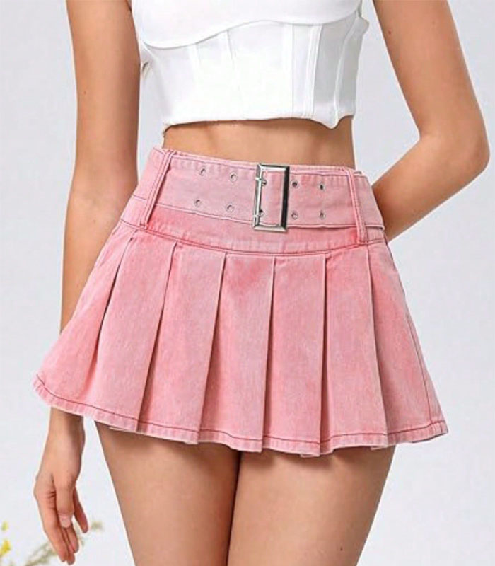 Preppy Style Pleated A-Line Pink Denim Mini Skirt