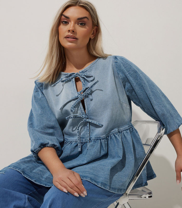 Denim Bow Tie Front Peplum Plus size Top