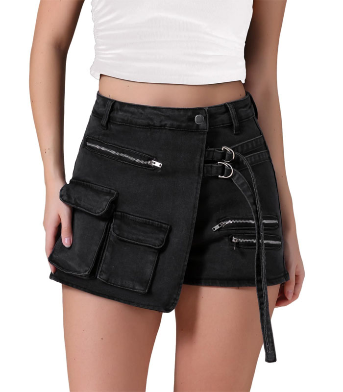 Women's Denim Skort Zipper Decor Y2K High Waisted Faux Wrap Jean Skirts