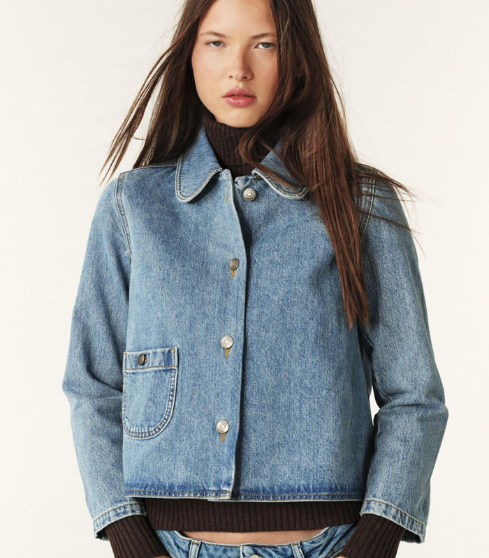 Vintage Inspired Women's Acid Wash Light Blue Jean Jacket Playful Doll Collar Casual Style