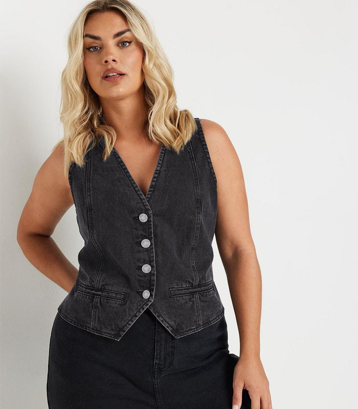 Sexy V-Neck Black Denim Vest Curve-Hugging Cropped Jacket for Women