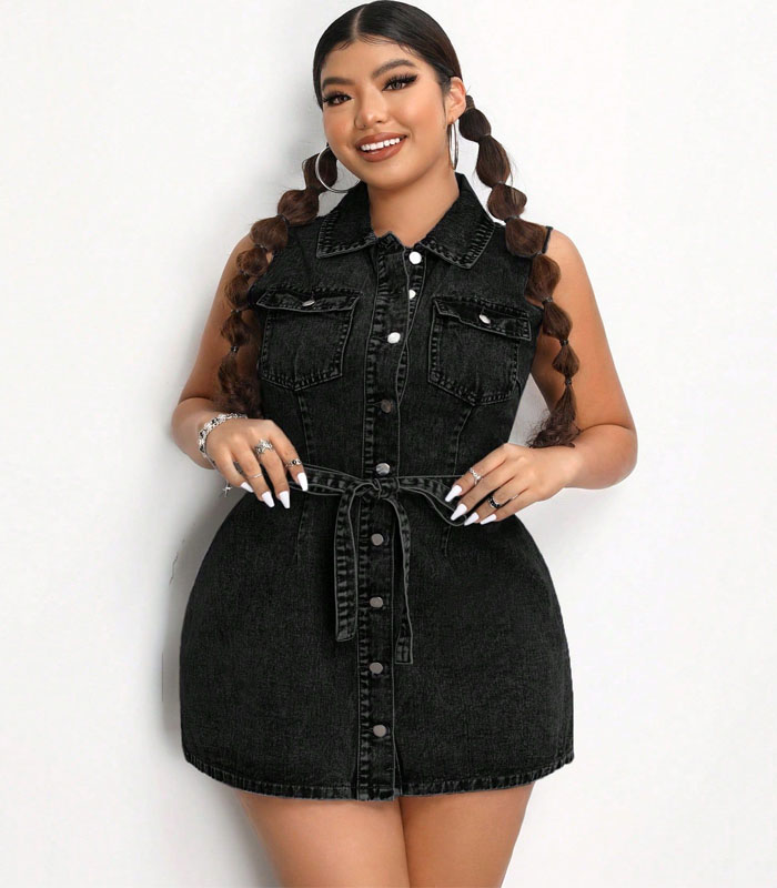 Plus Flap Pocket Belted Sleeveless Denim Dress For Summer Milkmaid Dress Summer Outfits For Women Festival Outfits Sundress