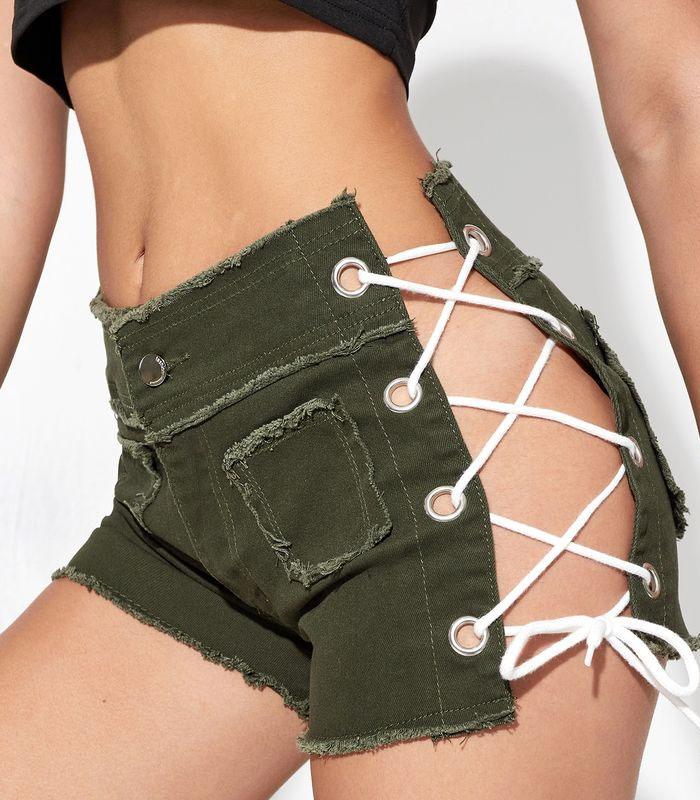 Lace Up Side Raw Hem sexy Denim Shorts Army Green Denim Plain Straight Leg Embellished High Stretch Women Denim