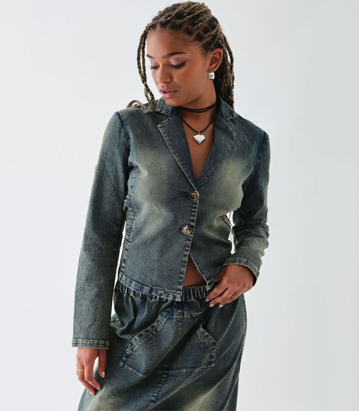 Vintage Blue Washed Denim Jacket for Women – Stretch Comfort, Slim Fit, Lapel Style
