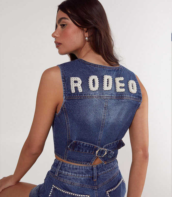 Women's Pearl Embroidered Denim Vest - Medium Wash Casual Boho Chic Jacket