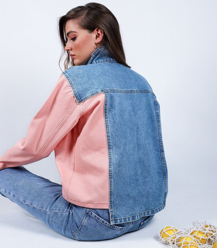 Women's Stylish Pink & Blue Patchwork Denim Jacket – Trendy Oversized Distressed Vintage Look