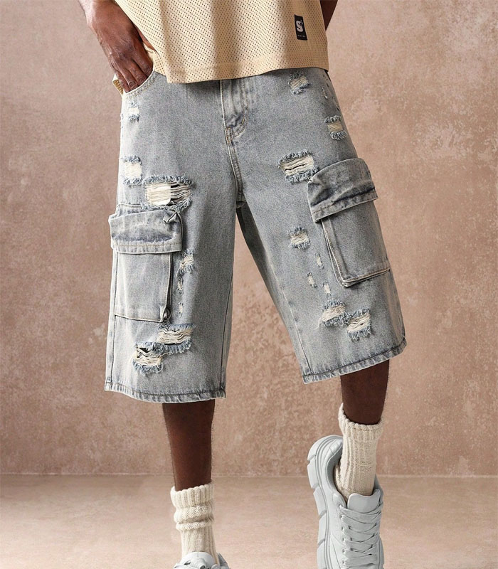 Distressed Ripped Cargo Jorts Wide Leg Baggy Denim Knee Length Shorts With Side Pockets Summer Casual Street Style