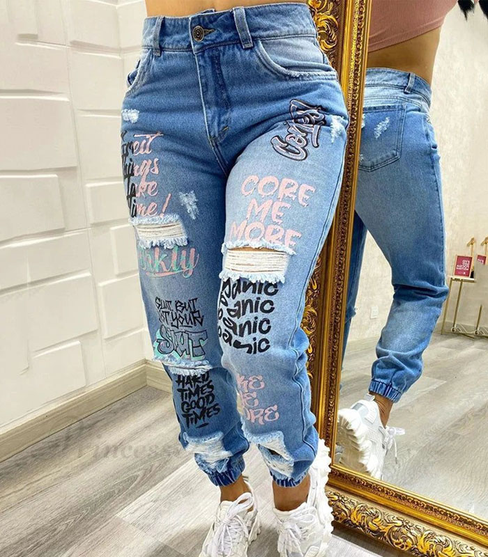 Letter Print Slant Pocket Ripped Hip-hop fashion Jeans - Blue