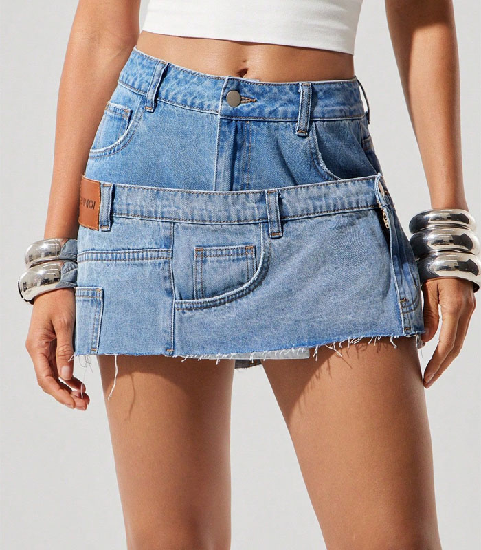 Stacked Waist Low Rise Raw Hem Denim Micro Mini Skirt