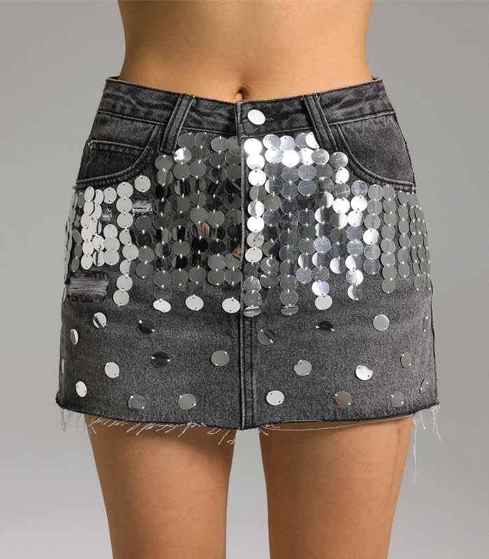 Distressed Hem Black Grey Denim Mini Skirt with Sequin Embellishments – Washed Stretch Short Denim Skirt