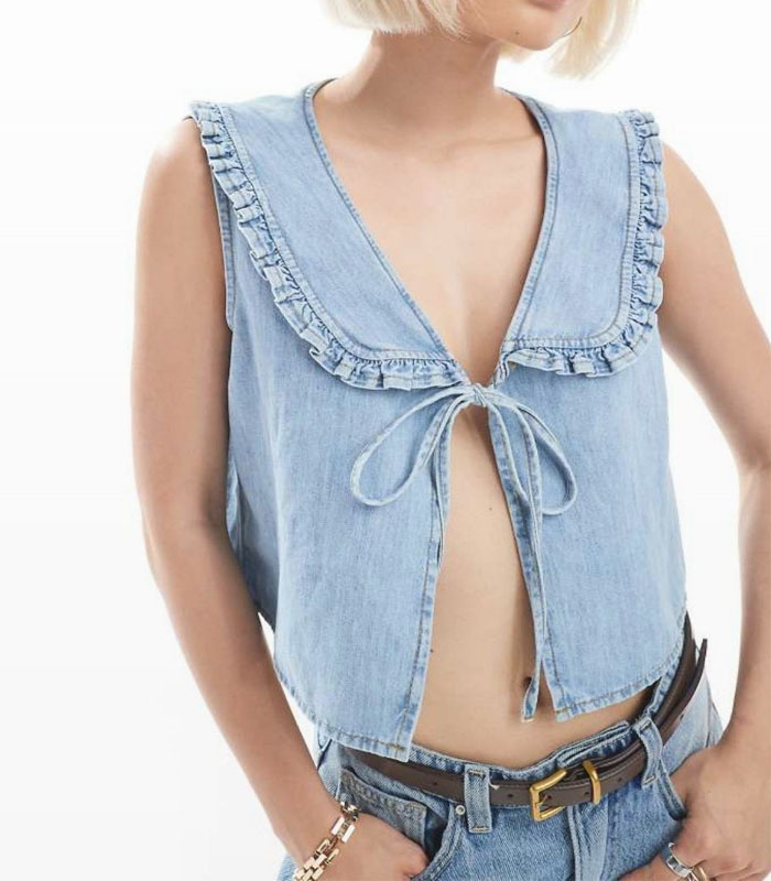 Light Blue Sleeveless Denim Shirt with Tie-Front Detail Ruffled Collar – Women's Casual Boho Chic Top