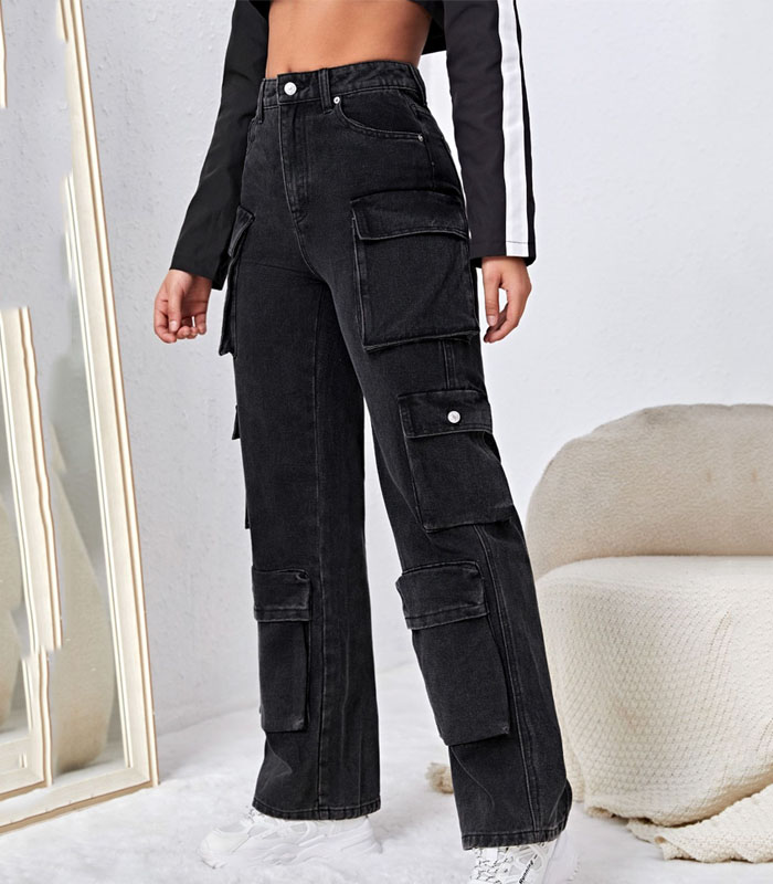 Fashion Women's High-Waist Workwear Jeans – Multiple Pockets & Flap Detail