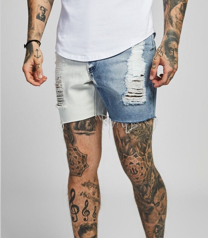 Urban Style Men's Ripped Denim Shorts Two-Tone Cuff Frayed Hem Casual Streetwear