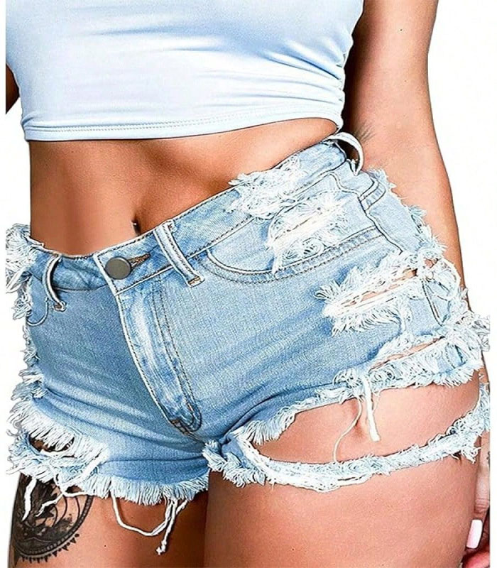 Women Summer Irregular Waist Jean Shorts With Pockets Frayed Ripped Holes Cute Hot Shorts
