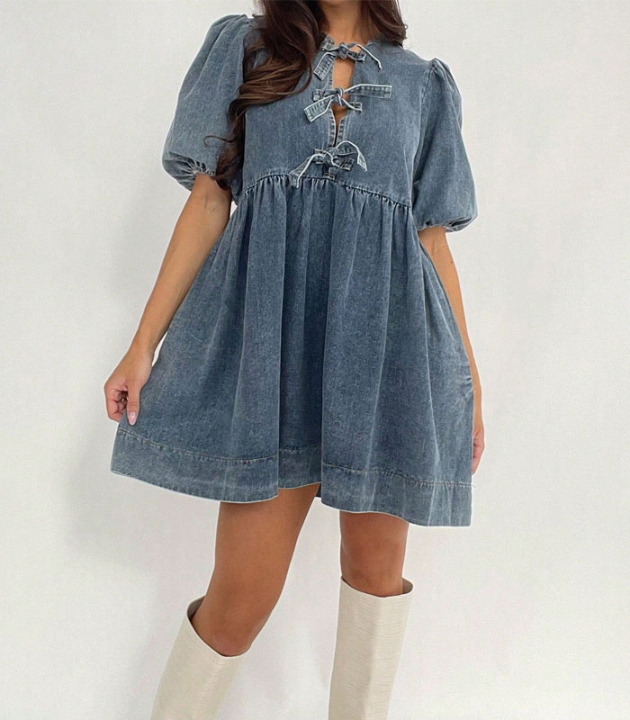 Women Tie Front Denim Dress Round Neck Puff Sleeve Casual A-Line Mini Jean Dress With Pockets