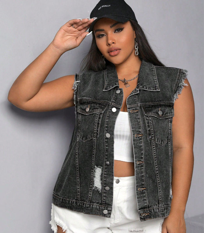 Black Casual Collar Sleeveless Denim Plus Ripped Raw Trim Vest Denim Jacket