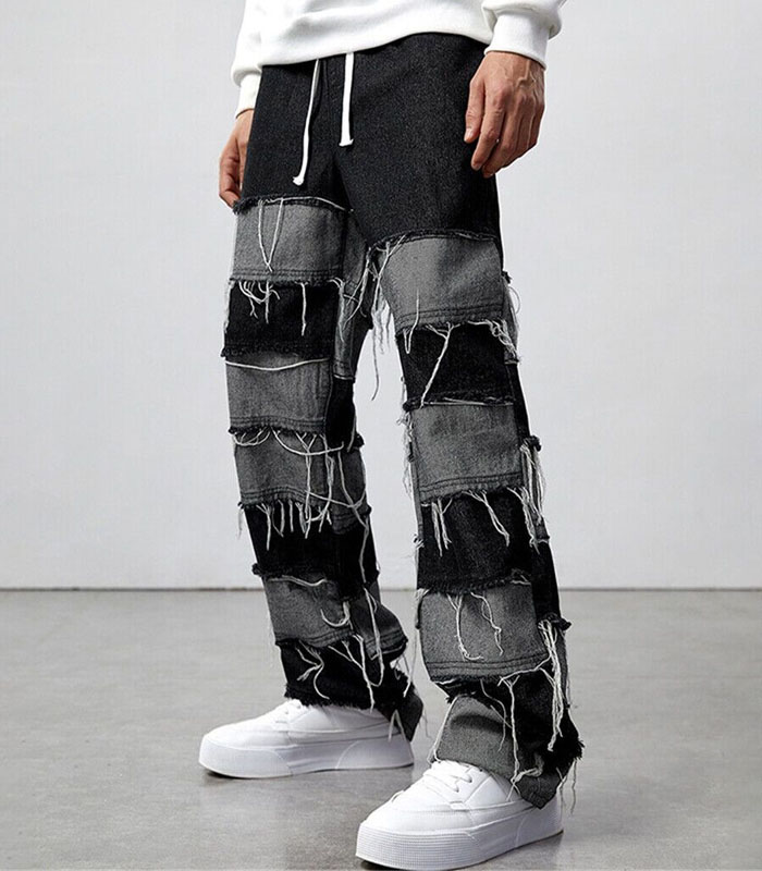 Men Patchwork Jeans Stretch High Waisted Bell Bottom Raw Hem Denim