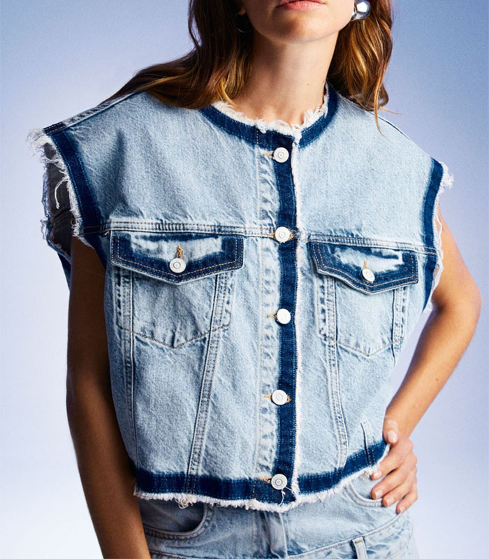 Women's Distressed Light Blue Washed Denim Fringe Trim Cropped Vest Top - Acid Wash Stonewash Sleeveless Jacket
