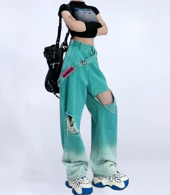 Women's Green Ombre Washed Distressed Straight Leg Jeans Streetwear Casual High-Rise Denim Pants