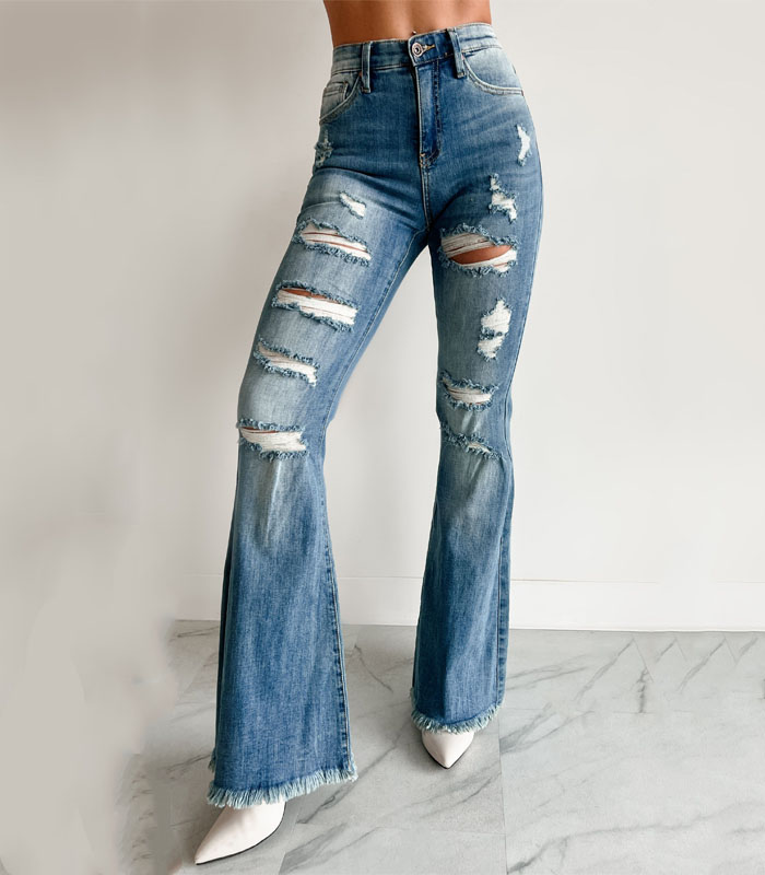 Distressed Custom High Waist Button Closure Vintage Washed Jeans Denim Screen Printing Flared Jeans